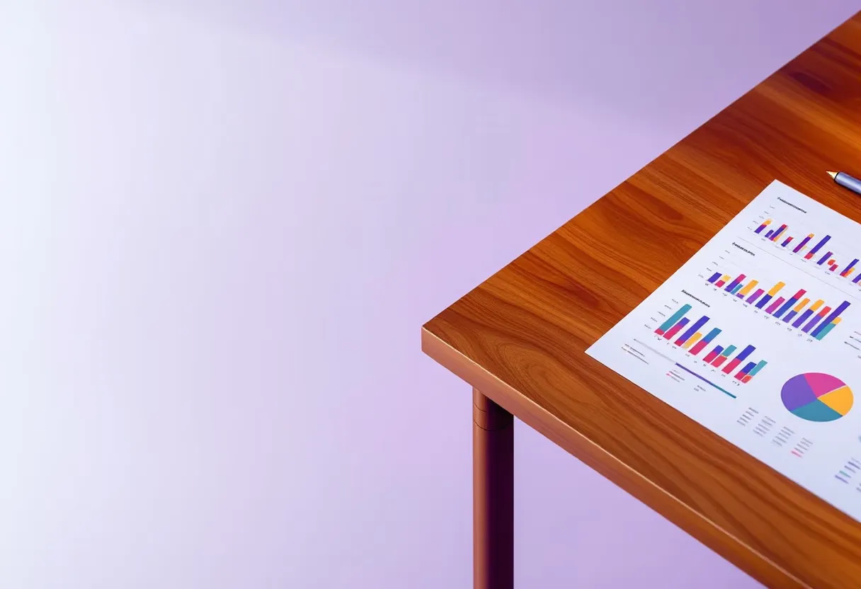 Printed charts on a wooden desk