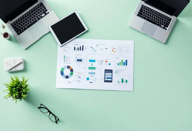 Desk with laptops and printed charts