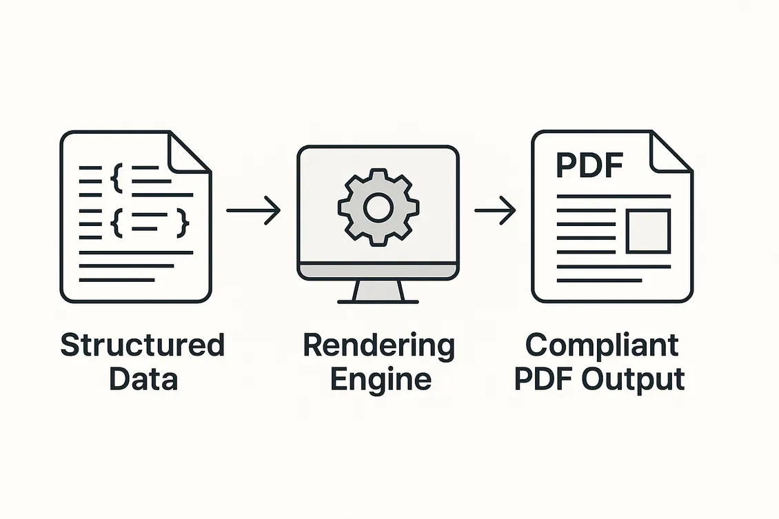 Diagram: structured data through a rendering engine to compliant PDF output