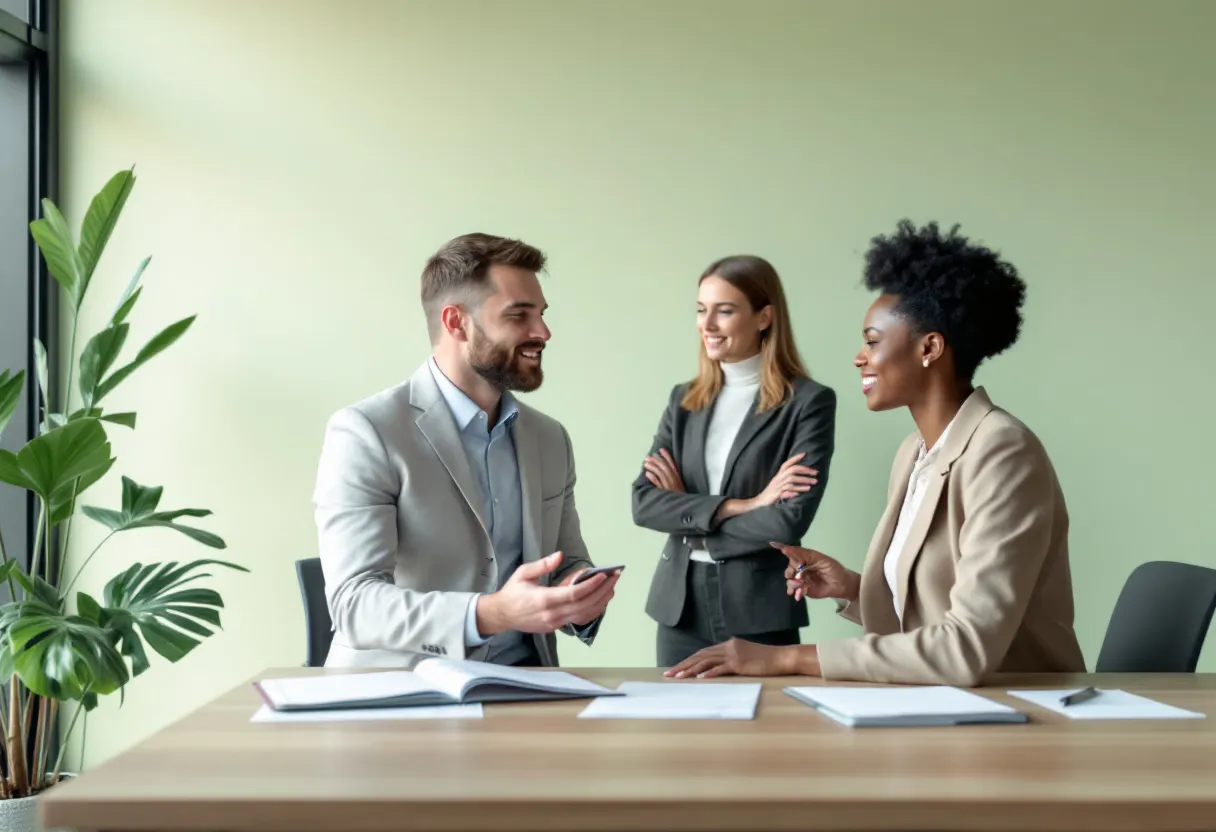 Three colleagues discussing work in a bright office
